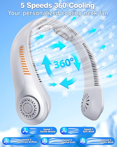 Portable Neck Fan - Rechargeable Personal Fan with Neck Support, 5000mAh, 5-Speed Quiet, Lightweight Long Lasting Bladeless Fan, Wearable Cooling Fan for Hot Flashes, Travel, Gifts for Men Women