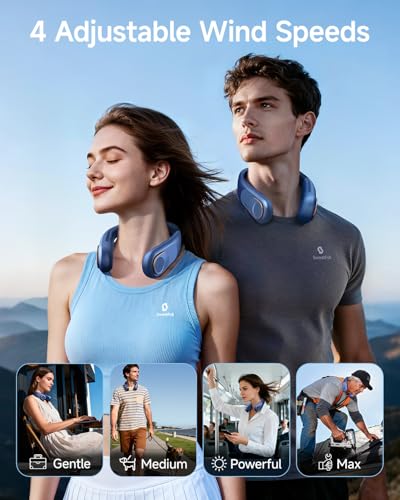 SWEETFULL Portable Neck Fan: 5200mAh Bladeless Personal Fan | 4 Speeds, 20H Max Runtime, No Hair Twist Quiet Wearable Fan for Travel | Birthday Gifts for Men Women Mom Dad
