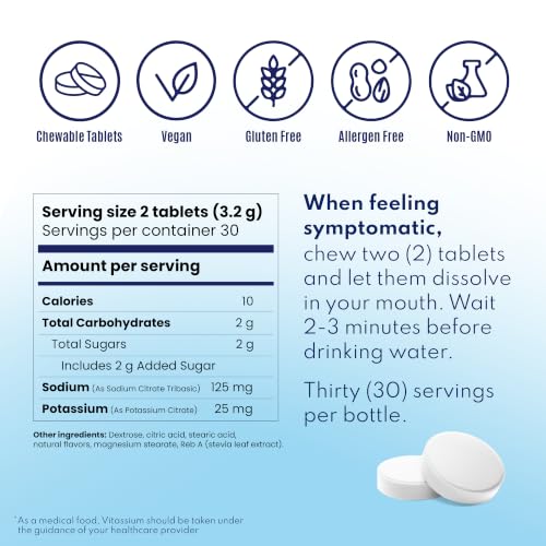 Vitassium FastChews, Chewable Electrolyte Tablets for Management of POTS and High Sodium Diets, Fast-Acting Sodium Tablets, Fruit Punch, 60 Count