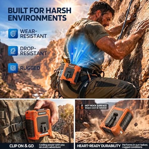 AMKEN Waist Fan, 10000mAh Rechargeable Belt Clip Fan, 59ft/s Airflow, 6-Speed 18500RPM Wearable Cooling with Bottom Air Intake, LED SOS Warning Light, Charge 2 Phones for Jobsite Camping