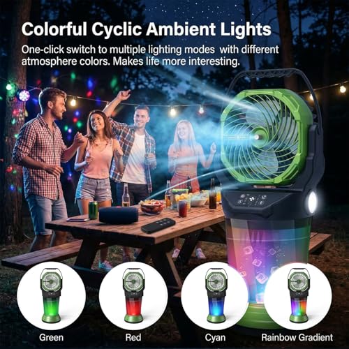 Portable Misting Fan with Remote, 2L Water Tank & 2 Spray Modes, 30000mAh Rechargeable Outdoor Cooling Fan, 4 Wind Speeds, 3 Timers, 120° Oscillation, RGB Lights & Flashlight for Camping Beach Patio