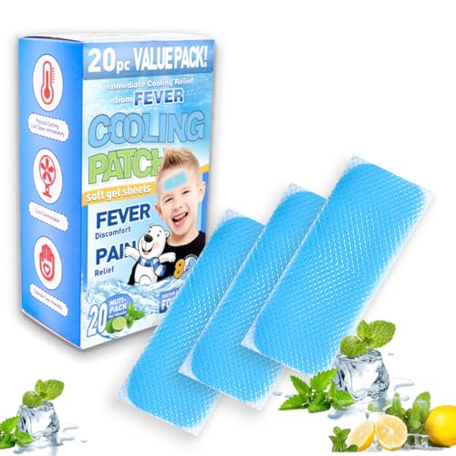 20 Cooling Gel Patches, Fast-Acting Cooling Pads for Adults and Kids to Relieve Headaches, Migraines, Sunburn and Heat Stroke, Soothe Forehead and Body, Good for Cooling, Outdoor Travel