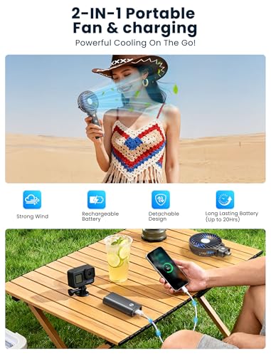 HandFan 5200mAh Portable Handheld Fan Rechargeable - 3 Speeds Foldable Personal Cooling, 2-IN-1 Hand Held Fan Battery Operated, 20H Runtime for Disney/Travel/Summer/Concerts/Women (Black&Blue)