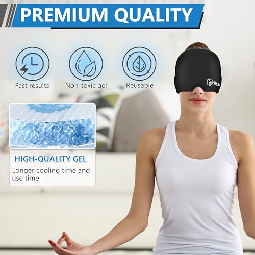 Migraine Relief Cap, All Around Gel Covered Reusable Headache Relief Cap, Black Migraine Cap for Headache Relief, Puffy Eyes | Migraine Relief Products, Shade, 360 Degree Surround, Multiple wearing methods,for Headache Relief, Puffy Eyes and Tension