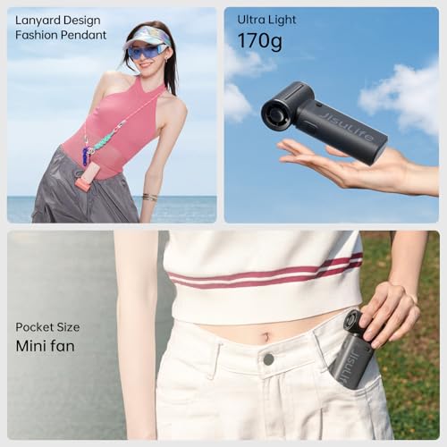 JISULIFE Portable Handheld Fan Life9, Turbo Airflow, Up to 18H Runtime | 5 Speeds, 5000mAh, Mini Pocket Design, Personal Fan for Travel, Concerts, Makeup, Trendy Gifts for Women Men -Black
