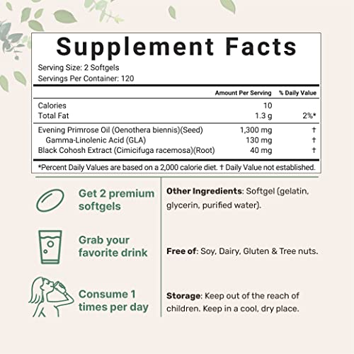 Evening Primrose Oil 1300mg Per Serving, 240 Softgels | Enhanced with 40mg Black Cohosh Extract, Cold Pressed – 10% Active GLA, Non-GMO, No Gluten, Easy to Swallow