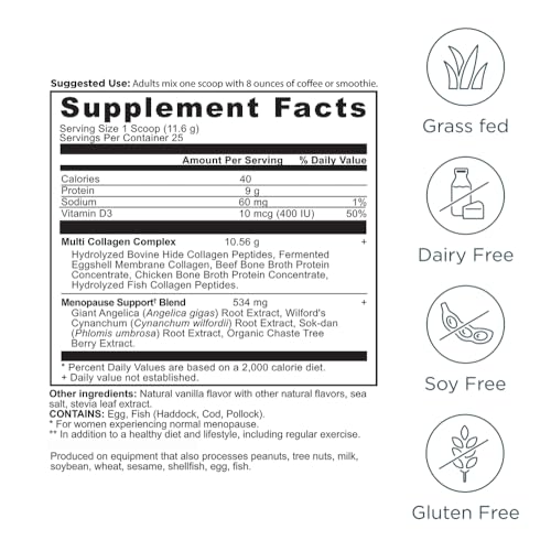 Ancient Nutrition Menopause Support + Hydrolyzed Collagen Peptides Powder | Grass-fed Collagen, Clinically Validated Superfoods, Significant Improvement in Hot Flashes and Sleep Quality, 25 Servings