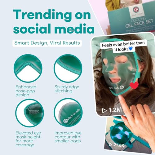 Medi Grade Face Ice Pack and Cooling Eye Mask Set, ChillGel Gel Mask Duo | Ice face mask and gel eye mask soothe puffy eyes, dark circles and migraines, cooling self care with storage bag