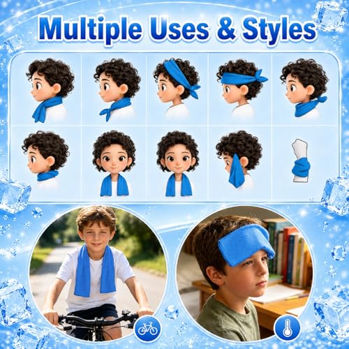 BobbleT Kids PVA Cooling Towels 4 Pack (30"x9") - Mini Instant Ice Cooling Towels for Neck & Face with UPF 50+ Sun Protection, Reusable Summer Heat Relief for Outdoor Activities, Blue
