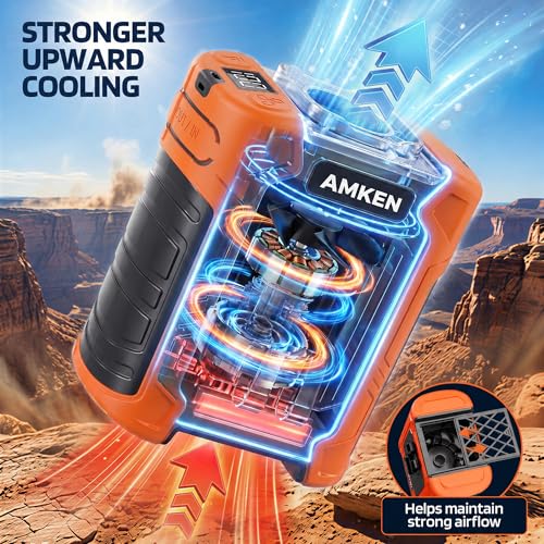 AMKEN Waist Fan, 10000mAh Rechargeable Belt Clip Fan, 59ft/s Airflow, 6-Speed 18500RPM Wearable Cooling with Bottom Air Intake, LED SOS Warning Light, Charge 2 Phones for Jobsite Camping