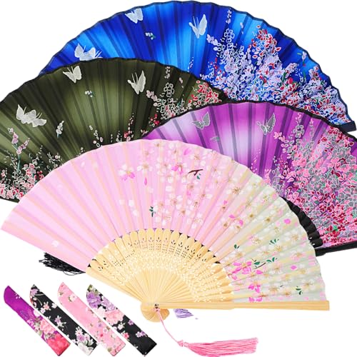 Zonon 4 Pack Hand Held Folding Fans for Women Silk,Lively