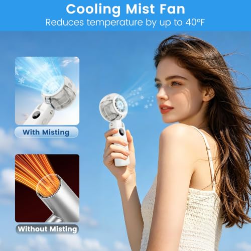 Portable Fan Handheld, Powerful Cooling Misting Fan Rechargeable | LED Display, 100 Speed Stepless Control, 155° Foldable, Personal Mist Fan for Outdoor, Travel, Makeup, Gifts for Men Women