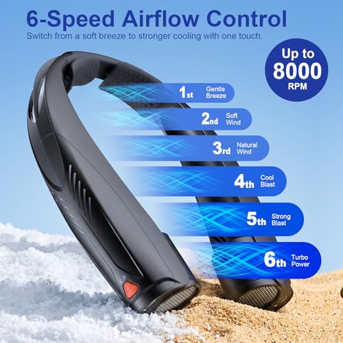 Portable Neck Fan with Reading Light, 6000mAh USB-C Rechargeable Hands Free Fan, 6-Speed Wearable Fan, 360° Cooling Summer Gifts for Men Women, Travel, Camping, Outdoor Work - Black