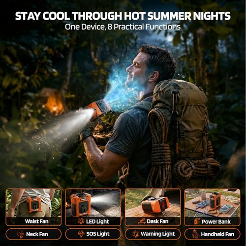 AMKEN Waist Fan, 10000mAh Rechargeable Belt Clip Fan, 59ft/s Airflow, 6-Speed 18500RPM Wearable Cooling with Bottom Air Intake, LED SOS Warning Light, Charge 2 Phones for Jobsite Camping