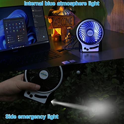 efluky 4.9-Inch Mini Desk Fan - 3 Speeds, Rechargeable Battery/USB Powered with LED Light, Quiet Portable Fan for Home, Office, Travel, Camping (Black)
