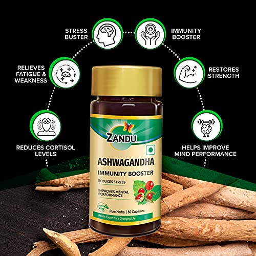 Zandu Ashwagandha Capsules (120 veg caps), Formulated with Pure Extracts of Ashwagandha, Immunity Booster, For Natural Body Strength, Stress Buster (Pack of 60 x 2)