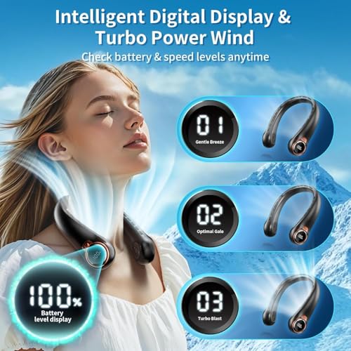 Portable Neck Fan with 6000mAh USB - Rechargeable Battery, Ultra-Light Bladeless Neck Fan LED Display, 360° Cooling Wearable Fan, 3 Speeds (Black)