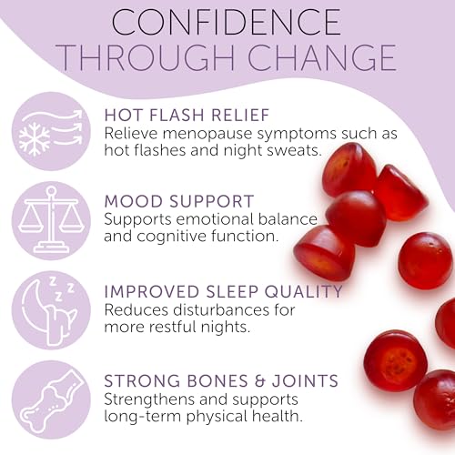 Menopause Gummies for Women for Hot Flashes, Night Sweats & Mood Swings | Menopause Gummy Vitamins, Relief for Night Sweats & Mood Swings, Helps Sleep Disruptions & Brain Function, 60 Vegan Gummies
