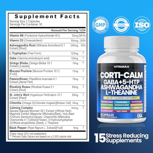 Corti-Calm Cortisol Supplement, L Theanine, Ashwagandha, Vitamin D 3, GABA for Relaxation, Fatigue & Focus with Ginkgo Biloba, Bacopa Monnieri, 5-HTP – Non-GMO, Made in USA – 60ct