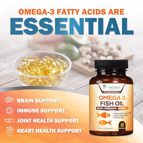 Omega 3 Fish Oil 2400mg - Triple Strength Daily Omega-3 Supplement with EPA & DHA - Natural Heart, Brain & Immune Support - Wild Caught Omega3 Fatty Acids - Gluten Free & Bottled in USA - 60 Softgels