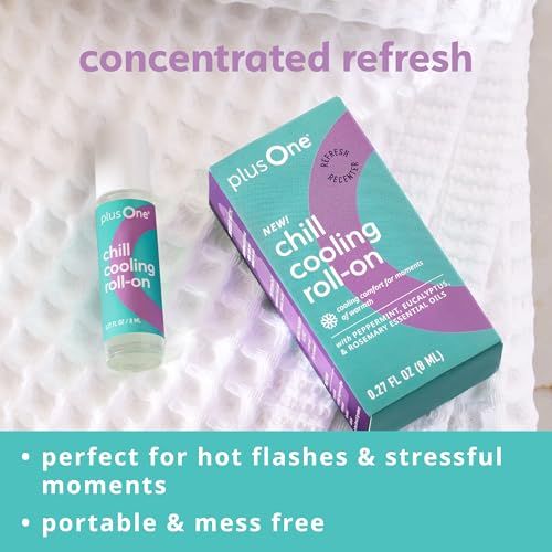 plusOne Chill Cooling Roll-On, Aromatherapy Oil Blend for Stress 0.27 fl oz | Instant Hot Flash Support with Peppermint, Menthol & Ashwagandha, Essential Oil Blend for Stress & Cooling Refreshment