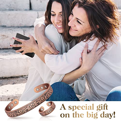 Mahnco Copper Bracelet for Women Pure Copper Magnetic Bracelet Jewelry Gift | 100% Pure Copper Cuff Bangle & Lymph Detox Ring with 3500 Gauss Magnets, Adjustable, Vintage Flower