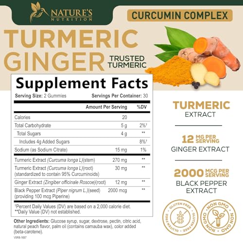 Turmeric Gummies - 95% Curcuminoids - Best Turmeric Curcumin Supplement with Ginger, Black Pepper for Enhanced Absorption, Natural Vegan Joint Support Curcumin Gummy - Tasty Peach Flavor - 60 Gummies
