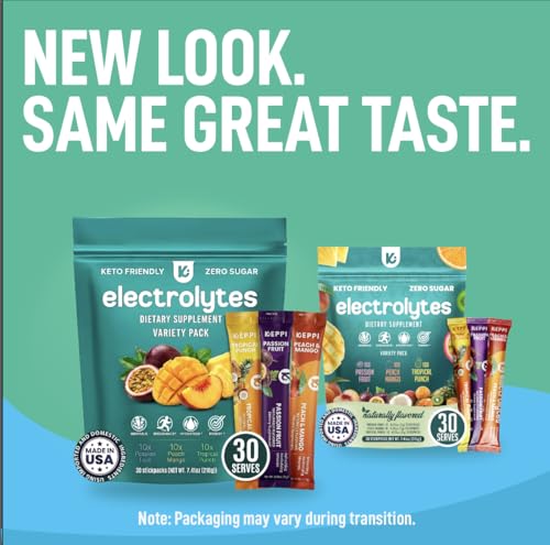 Keppi Electrolytes Powder Packets Tropical Variety 30 Servings – Zero Sugar Hydration Supplement with Potassium, Magnesium, Sodium – Keto, Vegan, Fasting-Friendly, Zero Calorie, Sugar Free