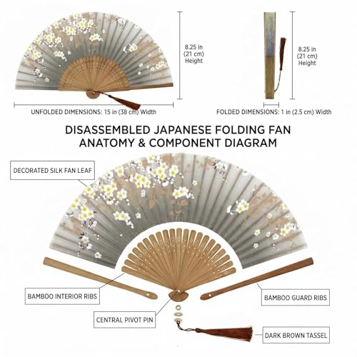 Folding Hand Fan for Women - Foldable Chinese Japanese Vintage Bamboo Silk Fan - for Hot Flash, Church, EDM, Music Festival, Party, Dance, Performance, Decoration, Gift (Gray Sakura)
