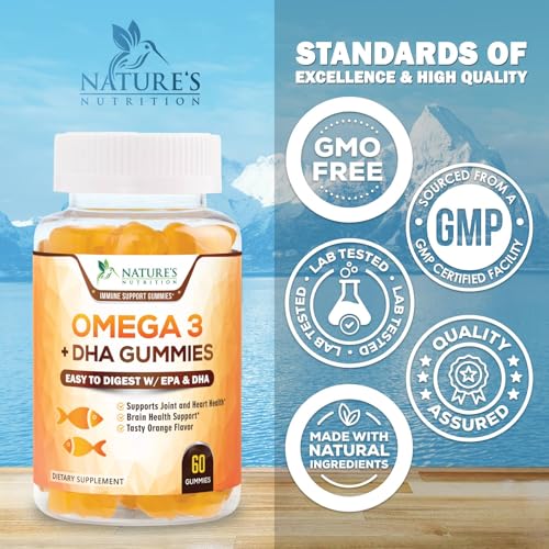 Omega 3 Fish Oil Gummies - Triple Strength Omega 3 Gummy Supplement with High Absorption DHA & EPA - Heart, Joint & Brain Support - Delicious Orange Flavor Fish Oil Nature's Vitamin - 60 Gummies