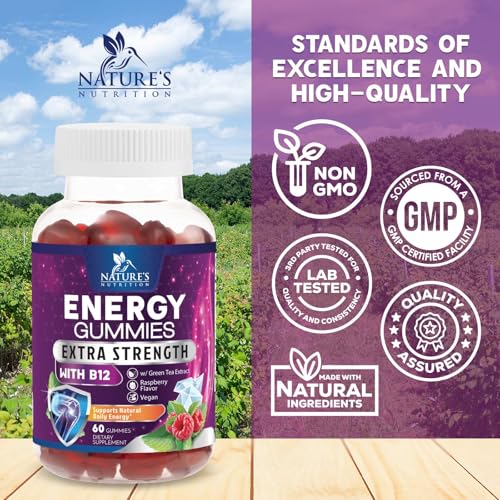 Energy Gummies - Vitamin B12 1000mcg - 3X Clean Energy & Focus Gummy with Natural Caffeine from Green Tea - Berry Flavored Pre Workout Exercise Supplement for Running Cycling & Sports - 60 Gummies