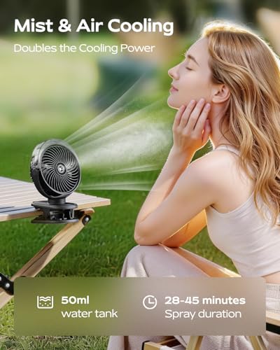SWEETFULL Portable Misting Clip On Fan, USB-C Rechargeable Mini Personal Cooling Fan with 4 Speeds, 360° Rotatable, Quiet Cooling for Outdoor, Camping, Golf Cart, Travel, Stroller & Desk (Black)