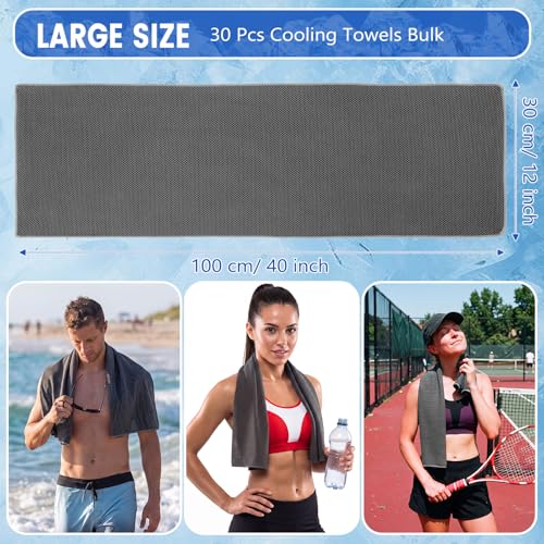 Hosuly 30 Pack Cooling Towels 40"x12" Cooling Neck Wraps Soft Breathable Chilly Towel Ice Towels Microfiber Workout Towel for Yoga Sport Running Workout Gym Camping Fitness Activities(Dark Gray)
