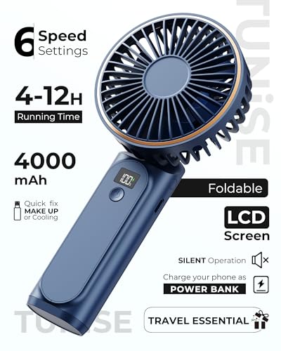 TUNISE Portable Handheld Fan, Portable Fan Rechargeable, 4000mAh, 180° Adjustable, 6 Speed Wind, Display Electricity in Real Time, USB Rechargeable Foldable F an, Quiet Personal Fan with Power Bank
