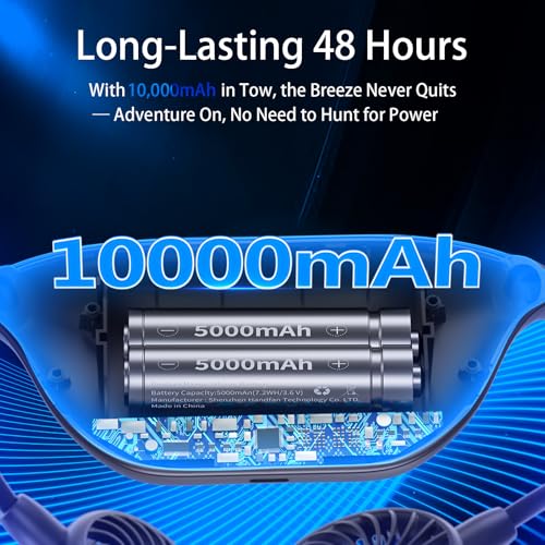 HandFan 10000mAh Portable Neck Fan Rechargeable, 48Hrs Long-Lasted Wearable Personal Fans, Hands Free Necklace Fans, Hanging Cooling Fan for Travel, Hiking, Fishing, Gifts for Women Men