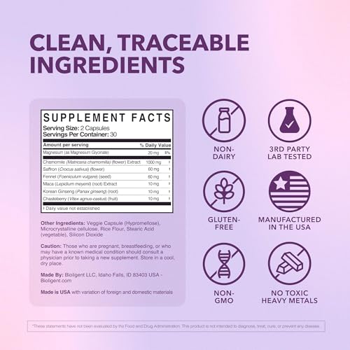 Menopause Supplements for Women, Hot Flash, Sleep, Mood & Focus Support, Hormone-Free with Maca, Ginseng, Chamomile & Saffron, Non-GMO, 60 Capsules, 30 Day Supply