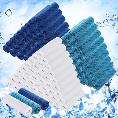 Hosuly 150 Pack Cooling Towels Bulk 40 x 12 Inch Large Chilly Breathable Sweat Sports Cold Towels Sublimation Microfiber Ice Neck Rag for Hot Weather Workout Gym Team Gift (Dark Blue,Light Blue,White)