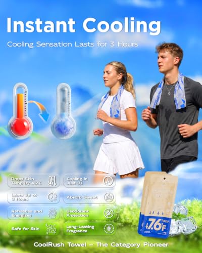 CoolRush Towel, Cold Neck Wrap for Hot Weather, Large Cooling Body Wipe, Chilly Wet Rag For Sports, Travel, Baseball, Yoga, Golf, Softball, Camping, Hiking, Biking, Gym, Trip, Beach Essentials
