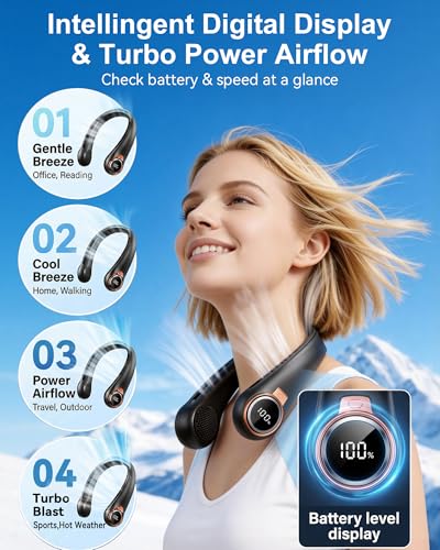 𝟐𝟎𝟐𝟔 𝐔𝐩𝐠𝐫𝐚𝐝𝐞 BNBZ Portable Neck Fan, 6000mAh Rechargeable Fan Blows Cold Air with LED Display, 4 Speeds, 20H Runtime, Quiet Wearable 360° Personal Cooling Fan for Outdoor Travel Work Gym