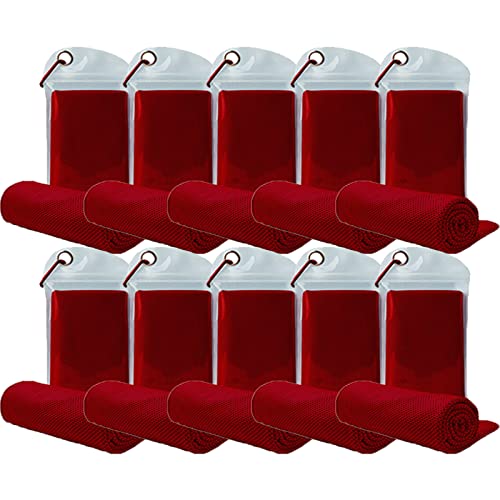 10 Pack Cooling Towels Bulk Microfiber Ice Towel Quick Dry Breathable Chilly Sweat Towel Stay Cool Towel for Neck Face Yoga Gym Workout Running Pilates Beach with Carabin Bag, 40x12'', Red