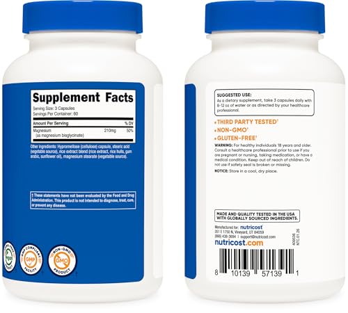 Nutricost Magnesium Glycinate Capsules, 180 Capsules, 210mg