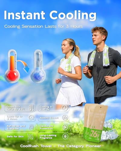 CoolRush Towel for Body–10 Pack Individually Wrapped Cooling Wipes | Instant Cooling Neck Wrap, Alcohol-Free Sweat Cooling Towel for Adults | Reusable, Travel, Gym, Music Festival, Camping Essentials