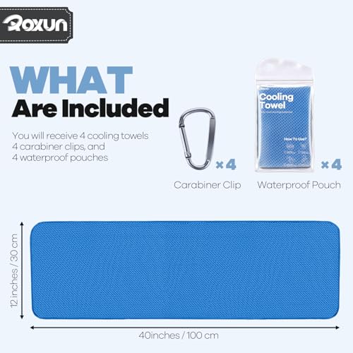 ROXUN Cooling Towels, 4 Pack (40''x12'') Chilly Ice Rags for Neck and Face | Gray+Dark Gray+Blue+Black, Soft Breathable, Sports and Outdoor Workouts, Comes with Storage Bags & Carabiners