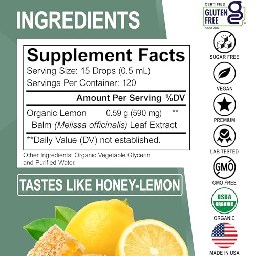 Organic Lemon Balm Extract Tincture - Organic Lemon Balm Leaf Liquid Extract Drops Oil Melissa Officinalis, Calm Relaxation Tea Supplements - Vegan Liquid Drops Tincture Supplement, Kids & Adults 2oz