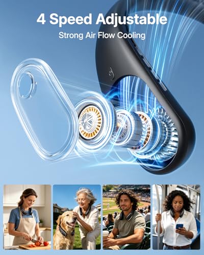 SHEWIND Portable Neck Fan - 5000mAh Rechargeable Hands-Free Wearable Fan | 4 Speeds, Bladeless & LED Display | Personal Cooling Fan for Travel, Outdoors, Camping - Black