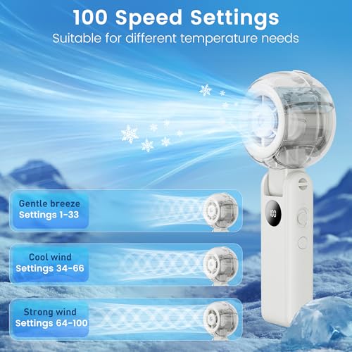 Portable Fan Handheld, Powerful Cooling Misting Fan Rechargeable | LED Display, 100 Speed Stepless Control, 155° Foldable, Personal Mist Fan for Outdoor, Travel, Makeup, Gifts for Men Women