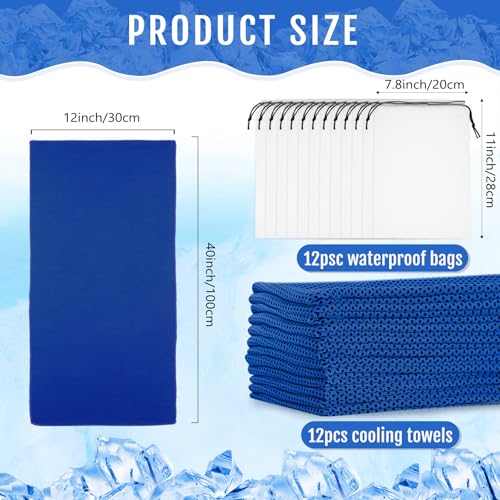 Hosuly 12 Pcs Cooling Towels for Face and Neck 12 x 40 Inch Workout Towels for Gym Fast Drying Hot Weather Sweat Rag Cold Cooling Cloth with 12 Bags Athletes Sport Yoga Golf(Dark Blue)