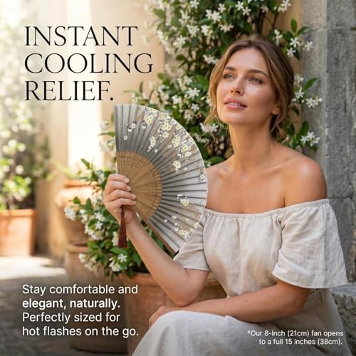Folding Hand Fan for Women - Foldable Chinese Japanese Vintage Bamboo Silk Fan - for Hot Flash, Church, EDM, Music Festival, Party, Dance, Performance, Decoration, Gift (Gray Sakura)