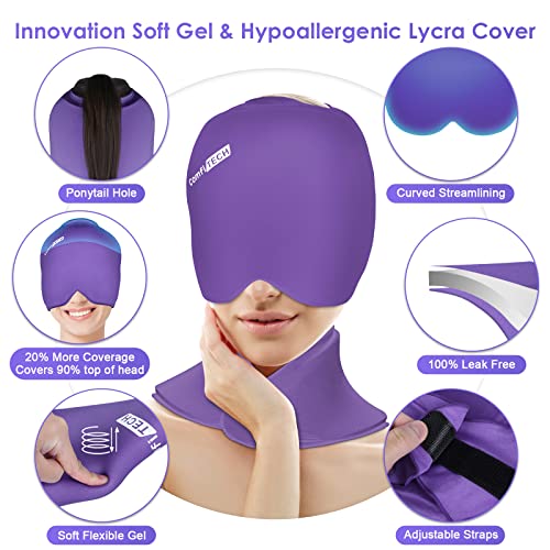 ComfiTECH Cold Cap and Neck Ice Pack Wrap Gel Combo, Care Package for Head and Cervical, Purple | Pliable after Frozen, Cold Cap & Cervical Cold Pack, Relieve Head & Eye, Stiff Neck, Office Tension, Sports Soreness