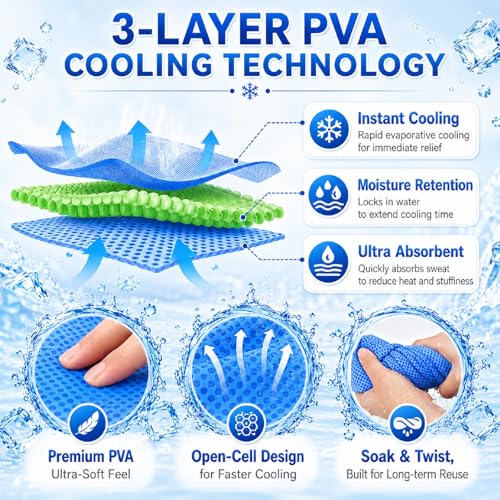 BobbleT Kids PVA Cooling Towels 4 Pack (30"x9") - Mini Instant Ice Cooling Towels for Neck & Face with UPF 50+ Sun Protection, Reusable Summer Heat Relief for Outdoor Activities, Blue